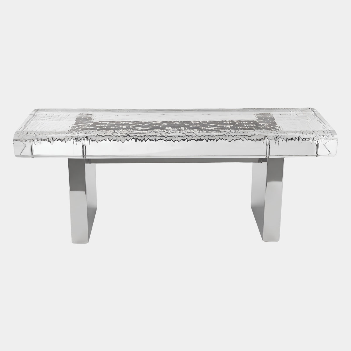 Clear Broken Edge Acrylic Bench on Steel Blades, 115cm, with a flat seat and faceted frozen edges on polished steel legs, shown on a plain white background.