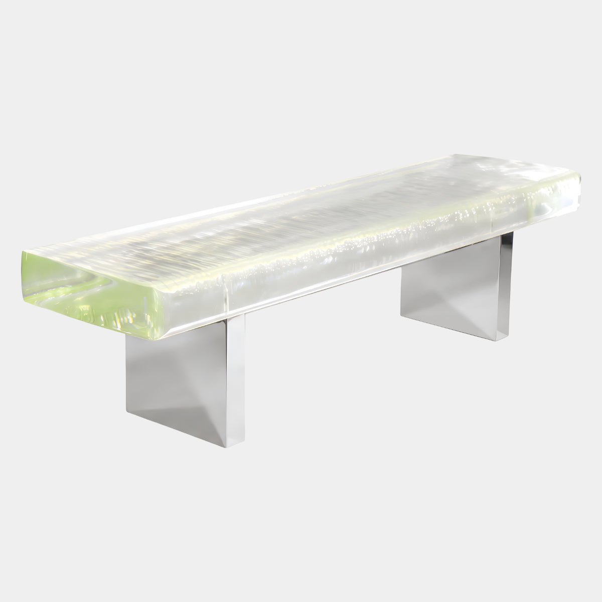 Green Edged Bubbled Acrylic Bench on Steel Blades, 160cm, with milky bubbled acrylic top and pale green cut edges on chrome blade legs, shown on a plain white background.
