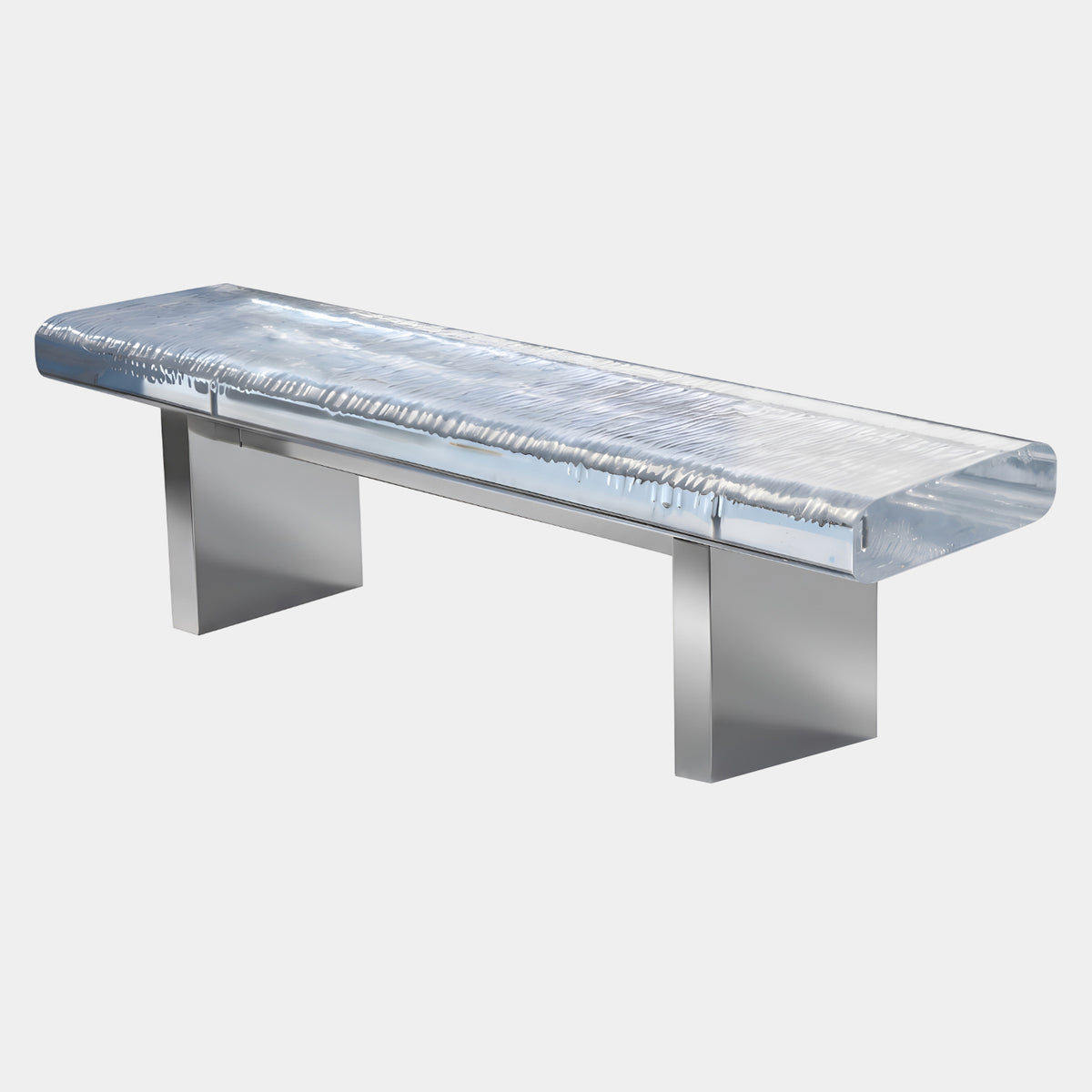 Clear Combed Panel Acrylic Bench on Steel Blades - 150cm, clear ridged acrylic top with rounded edges on polished stainless steel blade legs, plain light background.