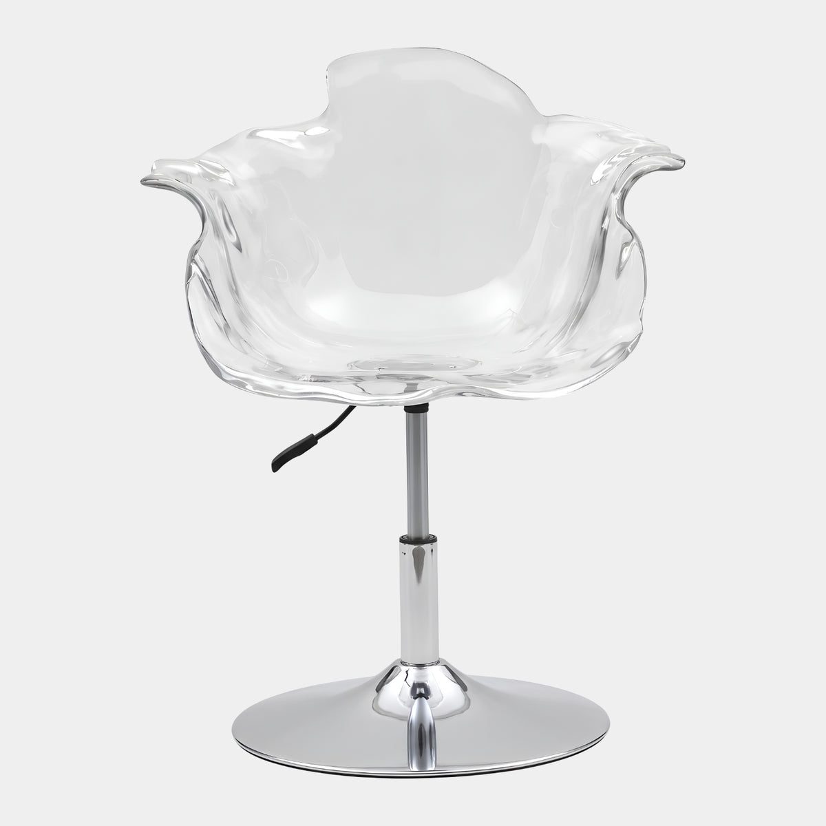 Clear Petal Shell Chair on a Chromed Column (87cm) by Giant Sculptures, clear polycarbonate petal-shaped seat on a chrome column base, shown against a plain light background.