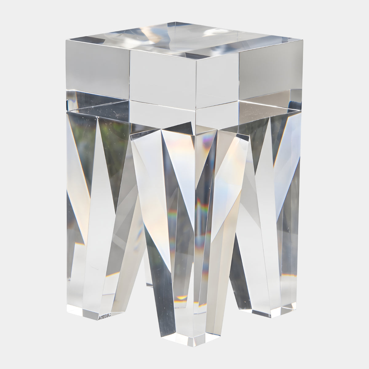 Clear Machined Prism Leg Resin Side Table, 45cm, with a solid square top and faceted, tapering prism legs, shown against a plain white background.