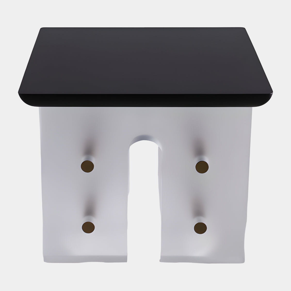 White Arched Box Black Timber Top Side Table - 45cm with frosted white acrylic base, front arch cutout, brass studs, and overhanging black top, shown on a plain light background.