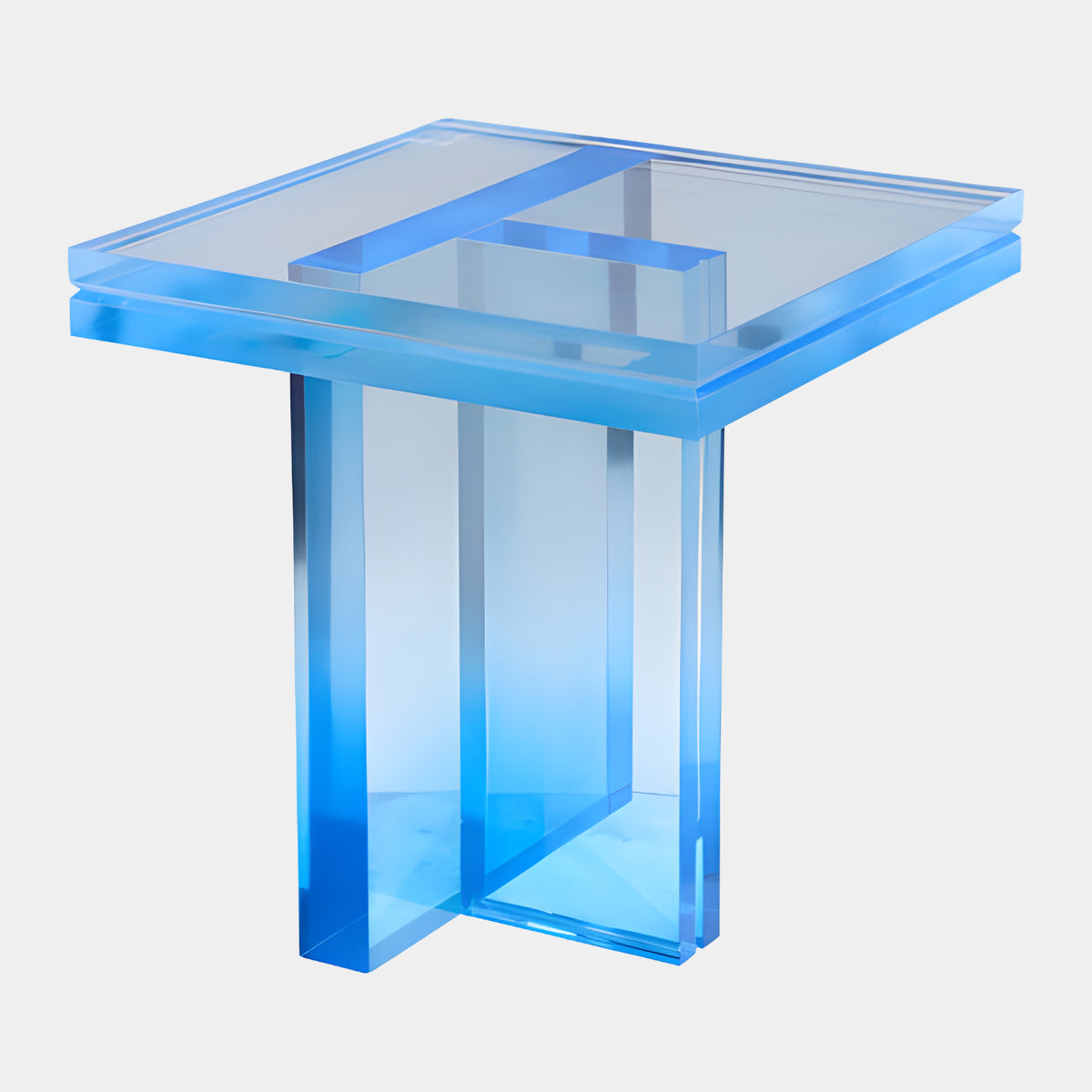 Blue Graded Inset Cross Bar Side Table, 43cm, acrylic with cross-shaped panel base and inset bar top, color deepening toward the floor, on a plain white background.