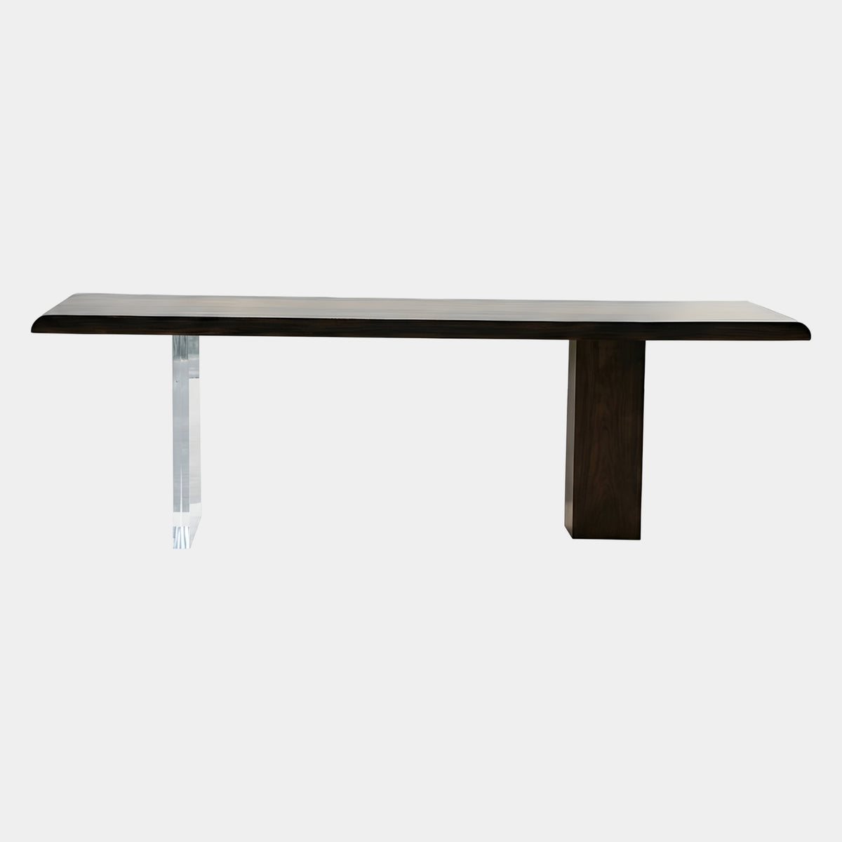 Dark Timber Top One Clear Leg Console - 220cm by Giant Sculptures, dark wood tabletop on a solid timber block leg and a clear acrylic leg, shown against a plain white background.