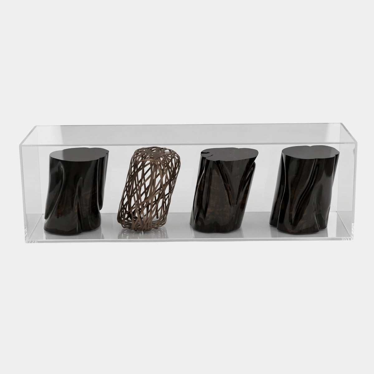 Clear Acrylic Display Case with Four Charred Blocks - 160cm, showing three black charred timber blocks and one woven metal basket-form block on a white background.