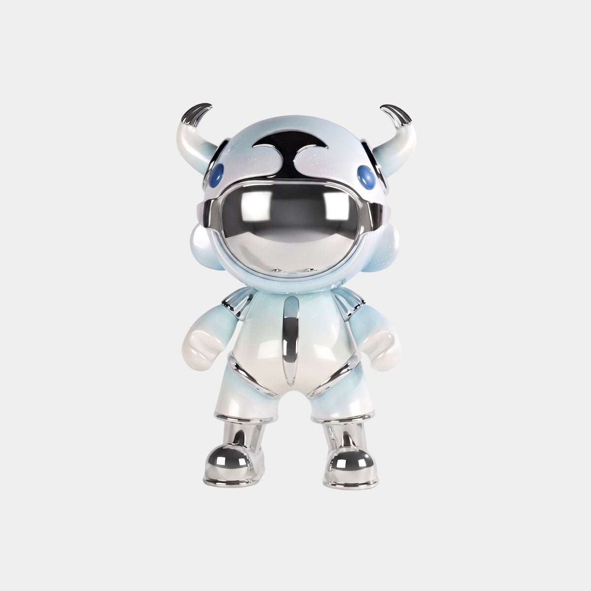 The Sky Blue Suit Astro Devil Figure by Giant Sculptures is a 48cm metallic designer sculpture with a round head, horns, and chrome visor, resembling a robot or astronaut in light blue and silver against a white background.