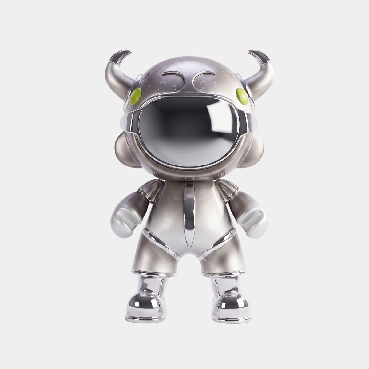 The Giant Sculptures Platinum Suit Astro Devil Sculpture - 80cm is a shiny, metallic humanoid with a large round head, horns, bright green eyes, short limbs, mirrored chrome visor, and a striking metallic gradient finish on white.
