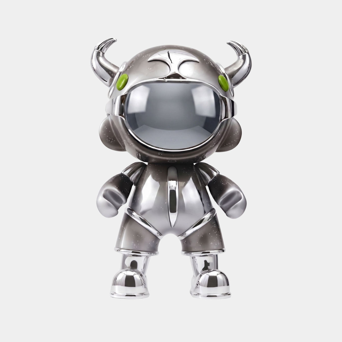 The Giant Sculptures Dark Chrome Suit Astro Devil Sculpture – 80cm features a shiny, chrome cartoon figure with horns, green eyes, and a mirrored visor for a bold, futuristic look.