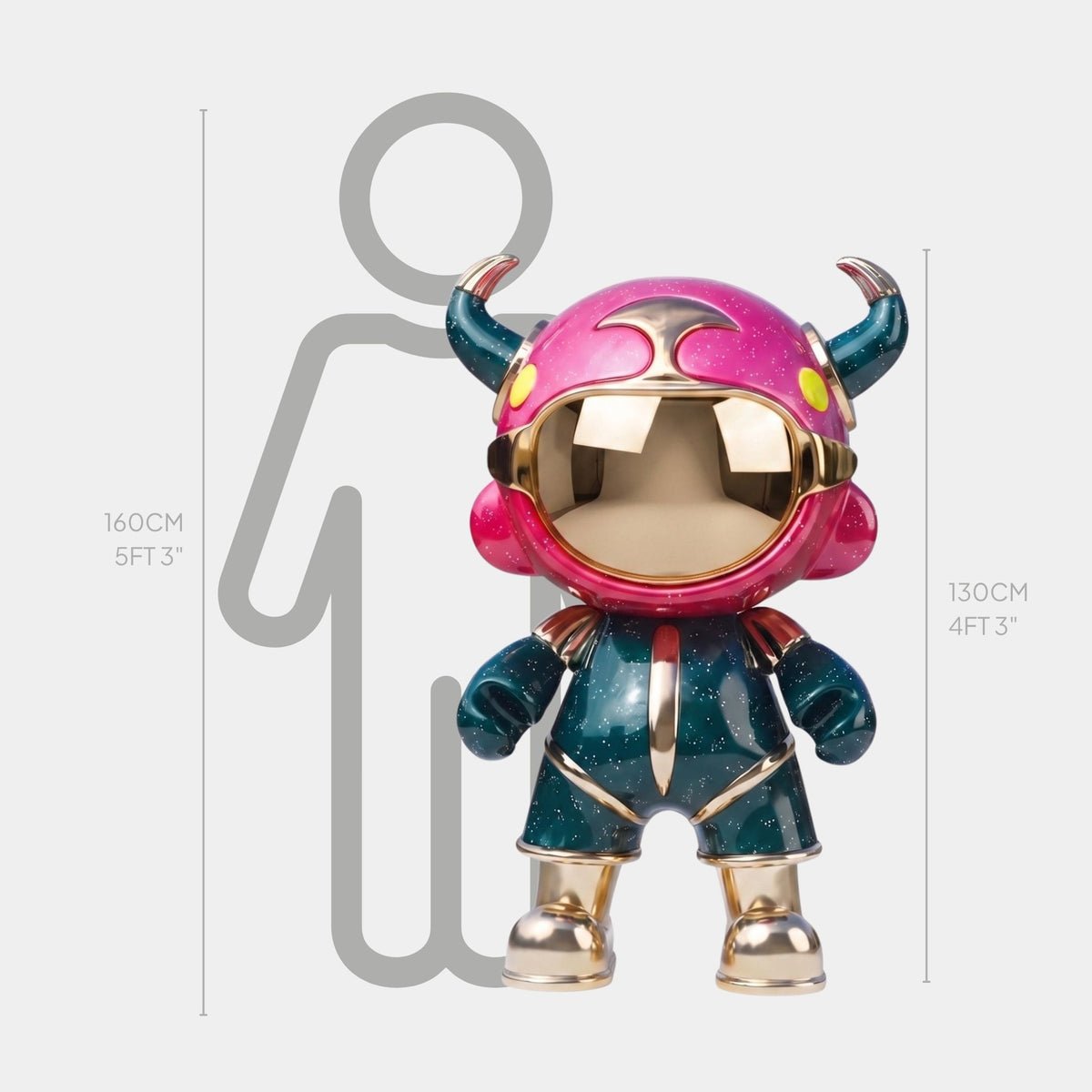The Pink & Teal Suit Astro Devil Sculpture by Giant Sculptures stands 130cm tall, featuring a gold visor, horned helmet, and galaxy-patterned suit in pop-art style beside a 160cm human outline.