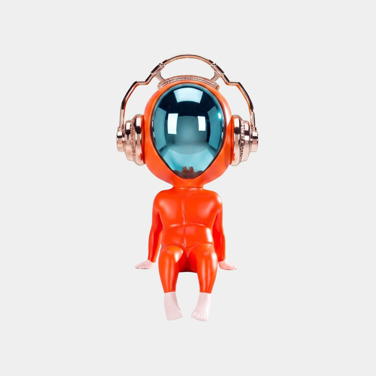 The Neon Orange Alien Beats Figure - 55cm by Giant Sculptures features a shiny blue helmet, metallic headphones, and white feet, making it a striking sci-fi decorative piece on any surface.