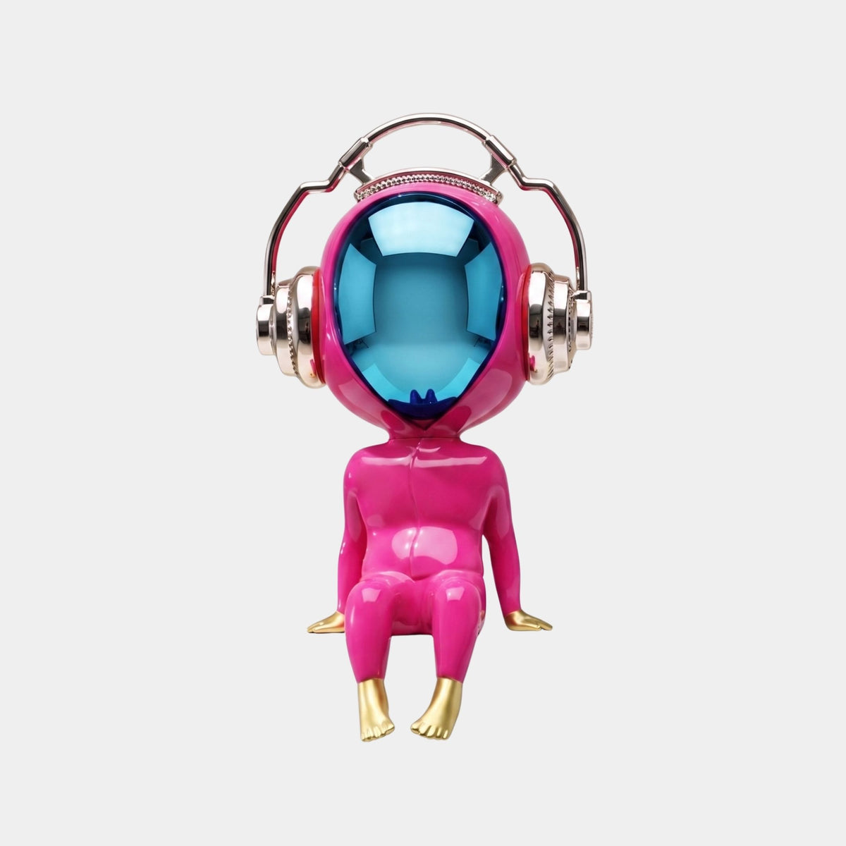 The Stellar Pink Alien Beats Figure (55cm) by Giant Sculptures features a shiny pink alien with a large blue reflective helmet, metallic headphones, and gold hands and feet—an eye-catching pop art decor piece against a white background.