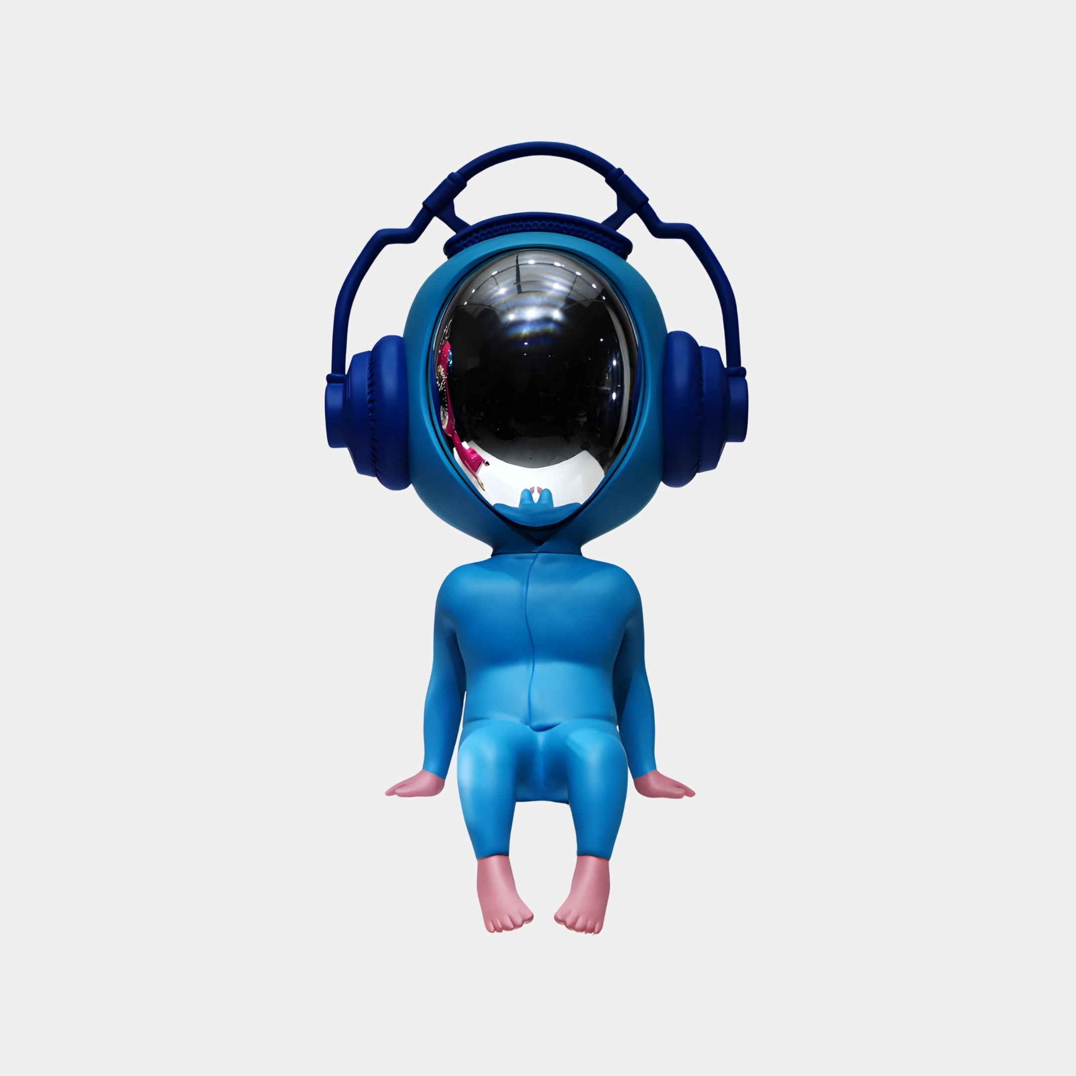 The Ocean Blue Alien Beats Figure - 55cm by Giant Sculptures features a blue humanoid with a mirror-like face, oversized blue headphones, and sits barefoot—a bold sci-fi décor piece set against a white background.