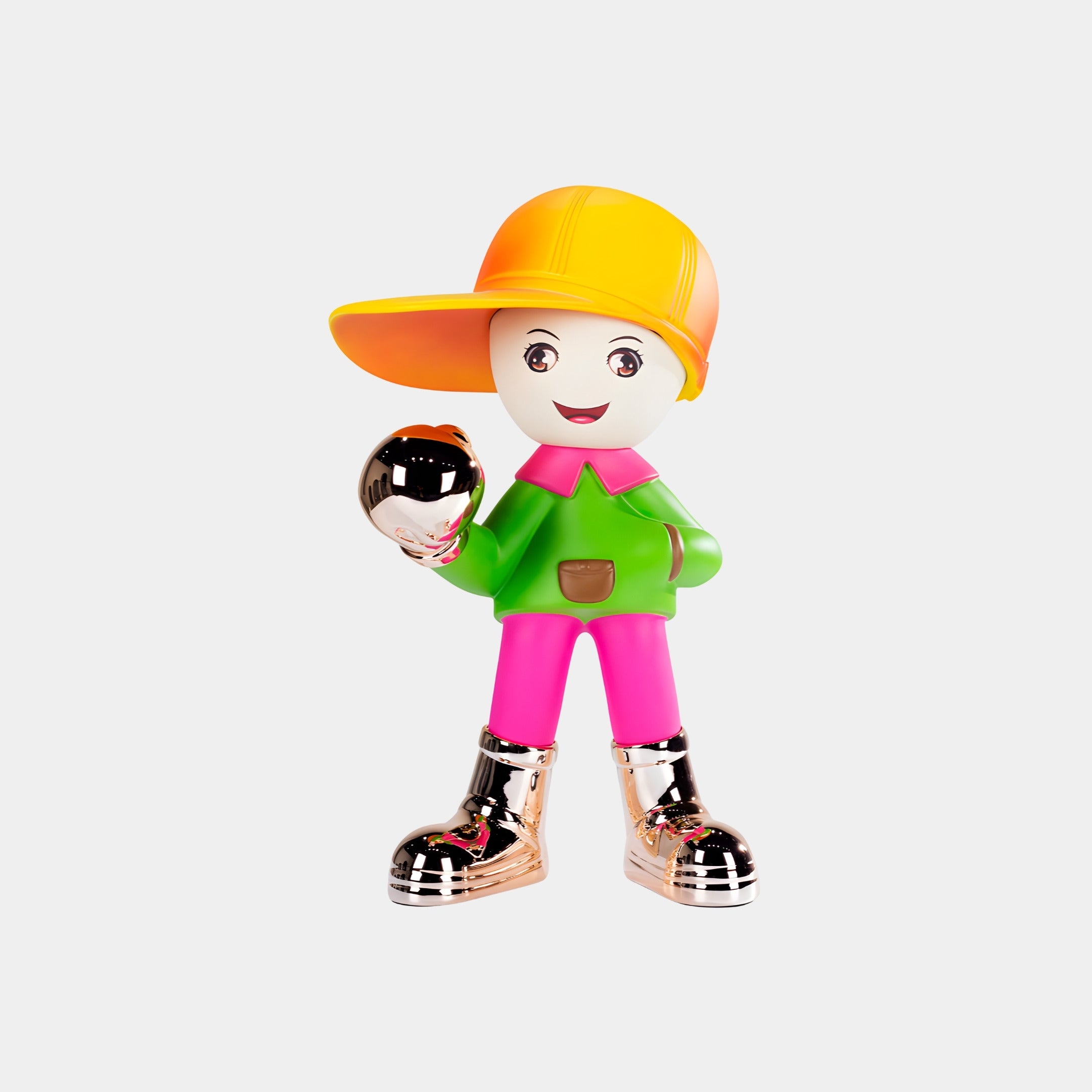 The Giant Sculptures Electroplated Boots & Fist Sunset Brimble Figure - 52cm features a cheerful character with a yellow cap, green shirt, pink pants, metallic silver boots, and shiny silver ball against a plain white background.