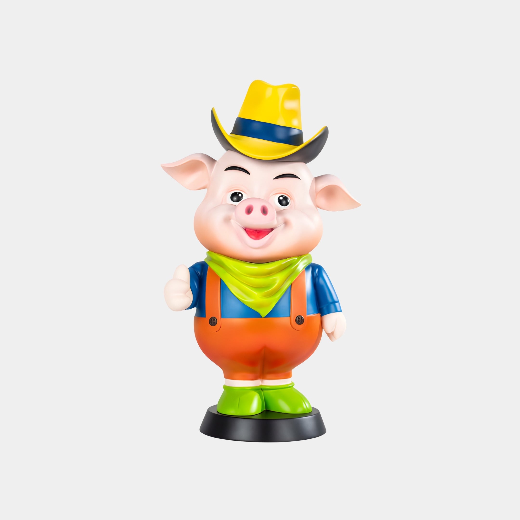 The Yellow Hat Snortle Sculpture - 69cm by Giant Sculptures is a vibrant pig in a yellow hat, green scarf, blue shirt, and orange overalls on a black base, giving a thumbs-up—perfect for modern interiors and minimalist spaces.