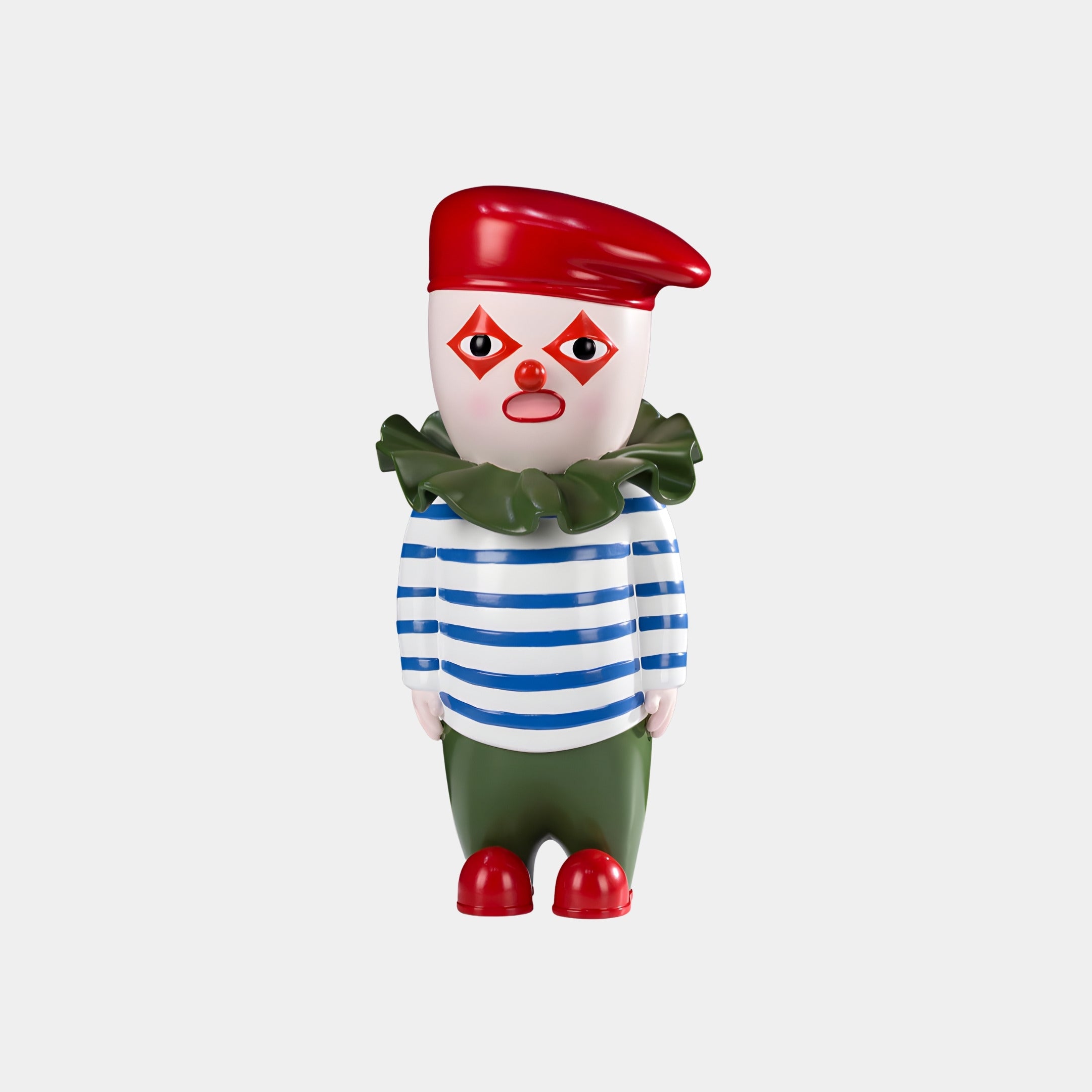 The Giant Sculptures Red Beret Pierrotto Striped Clown Figure - 45cm features a sad clown in a red beret, striped shirt, and green accents. Made of eco-friendly painted polyurethane and set against a plain light background.