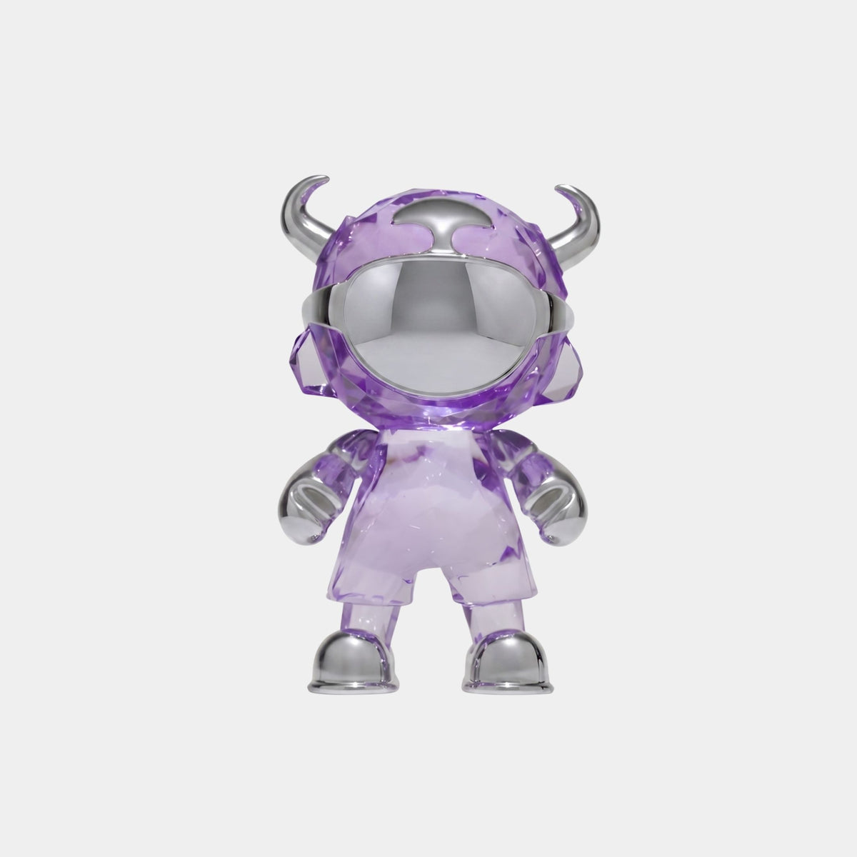 The Giant Sculptures Violet Chrome Astro Devil Figure - 15cm is a collectible designer toy with a shiny chrome face, hands, and feet, clear purple suit, and horned helmet, shown standing upright against a white background.
