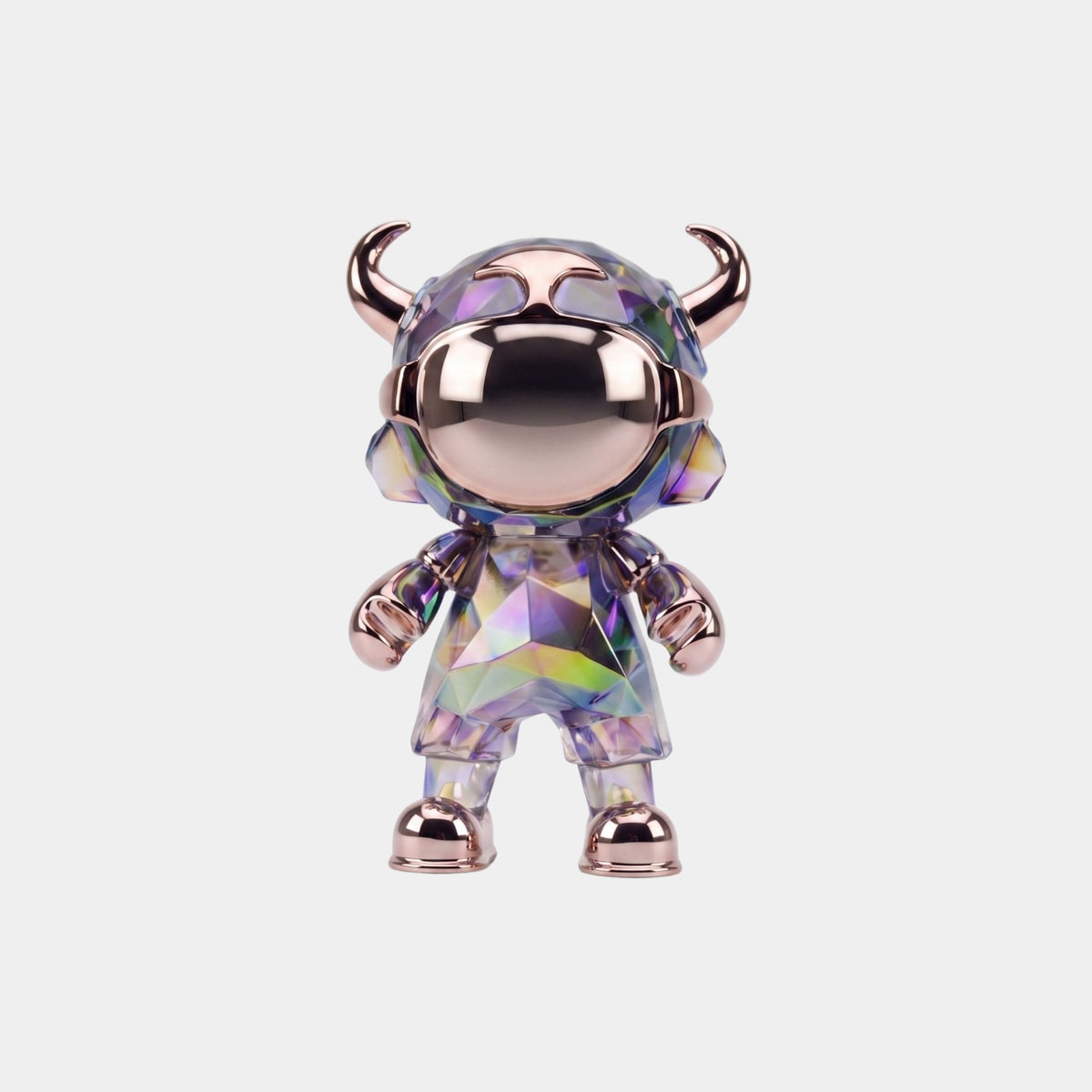 The Midnight Spectrum Astro Devil Figure (15cm) by Giant Sculptures features a faceted, iridescent body, reflective gold details, a round helmet, and small horns, displayed against a plain white background.