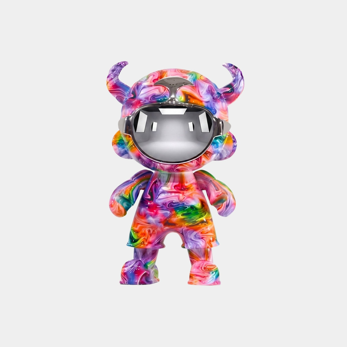 The Neon Splash Astro Devil Figure - 35cm by Giant Sculptures features swirling rainbow patterns, horn-like protrusions, and a shiny visor, creating a colorful abstract collectible art toy against a plain white background.