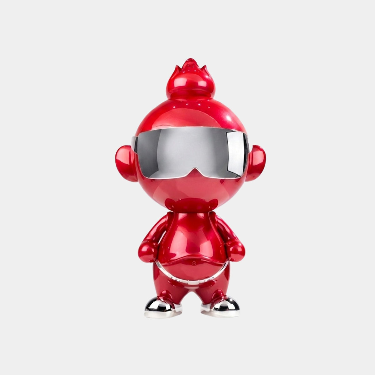 The Ruby Chrome Orbix Figure - 48cm by Giant Sculptures features a shiny red finish, large round ears, silver sunglasses, and metallic accents on its feet and belt, standing upright against a plain white background.
