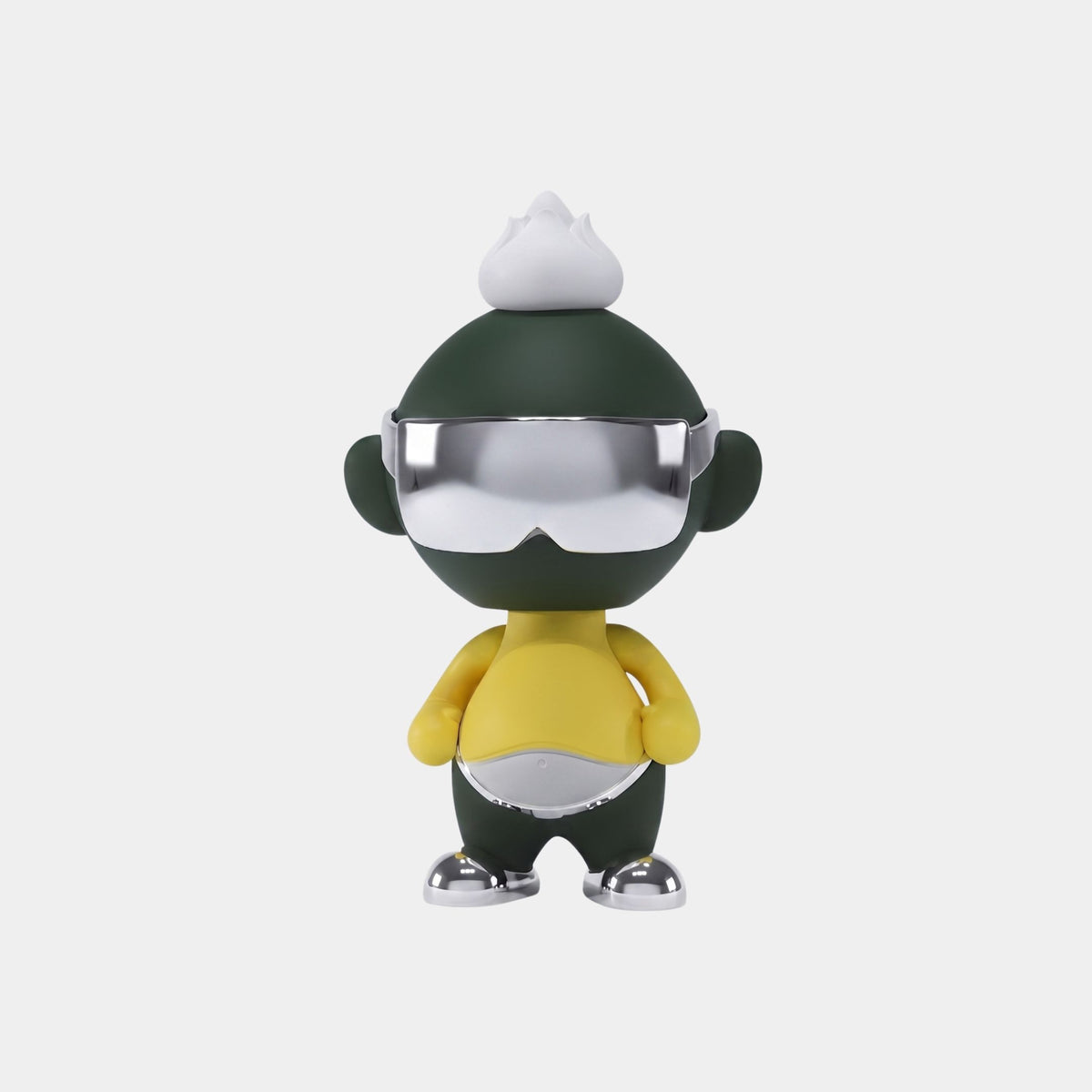 The Olive Yellow Orbix Figure - 29cm by Giant Sculptures features a dark green head and body, yellow arms and torso, white mohawk, silver visor, and chrome shoes—a striking designer art toy ideal for modern home decor.