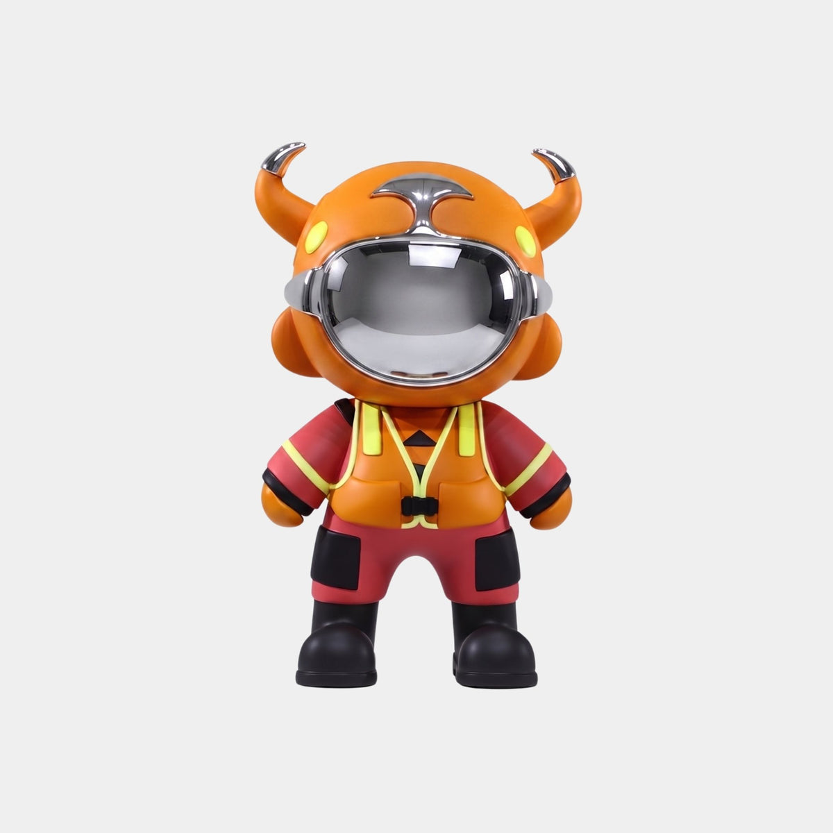 The Orange Rescue Astro Devil Figure - 35cm by Giant Sculptures is a limited edition art toy featuring a cartoonish character with an orange helmet, black horns, reflective visor, and vibrant orange and red outfit on a white background.