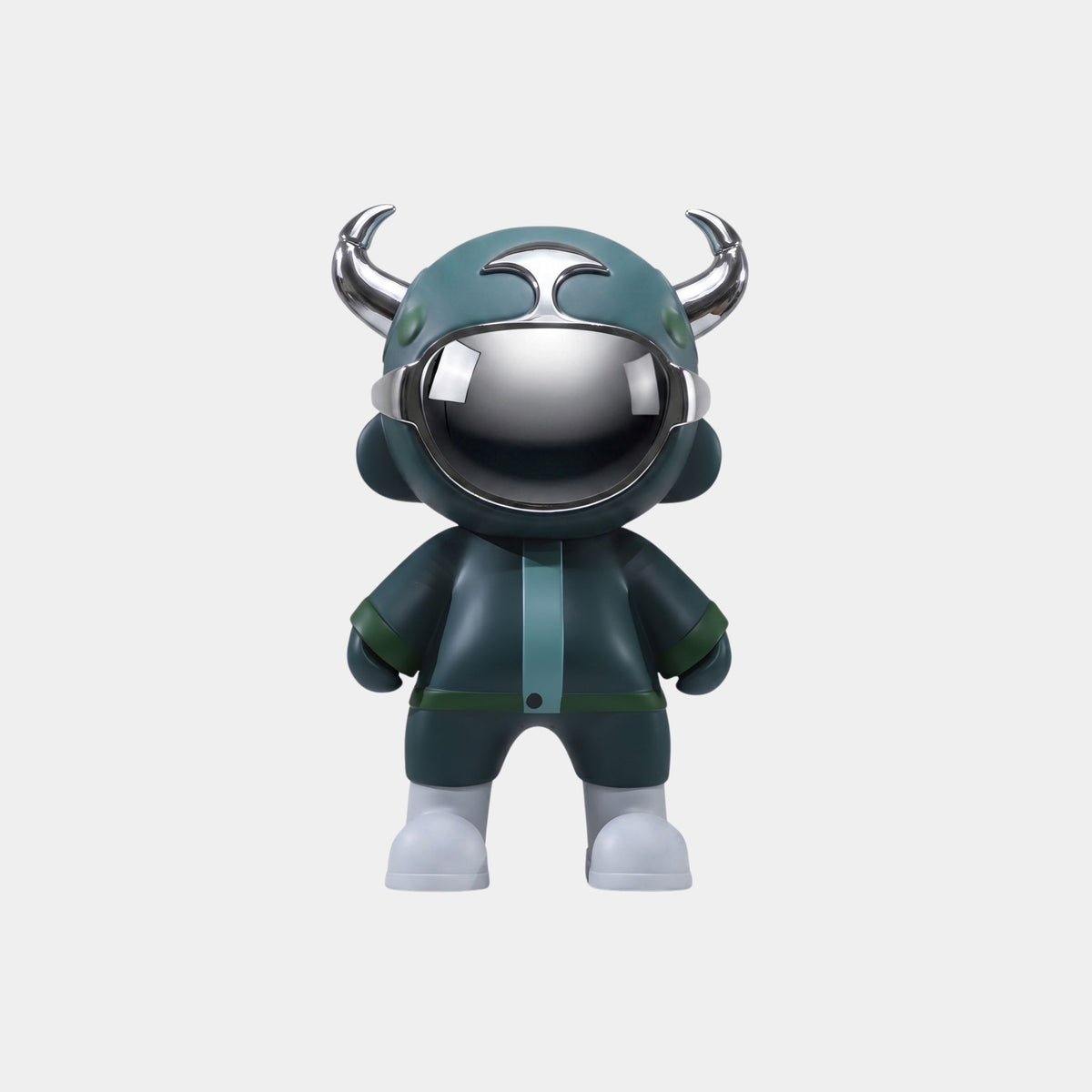 The Giant Sculptures Deep Teal Utility Astro Devil Figure - 35cm features a dark green body, large white shoes, a shiny helmet with curved black horns, and is showcased against a plain white background—an eye-catching sci-fi collectible.