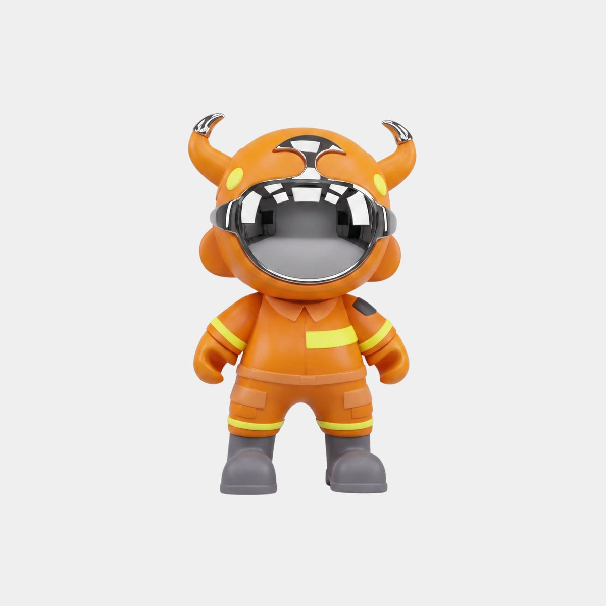 The Orange Utility Astro Devil Figure - 35cm by Giant Sculptures features firefighter-style clothing with yellow stripes, black boots, a shiny visor, horn-like helmet protrusions, and a bold cartoonish design.