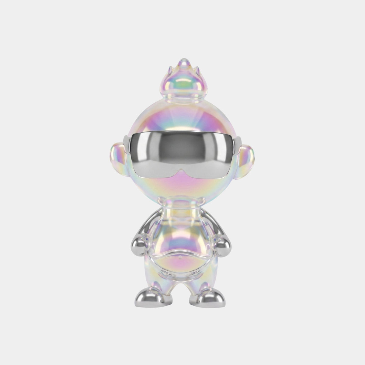 The Chrome Orbix Iridescent Glintz Figure - 19cm by Giant Sculptures features a round head, chrome visor sunglasses, small crown, and a reflective silver finish—an eye-catching 3D-printed resin sculpture against a white background.