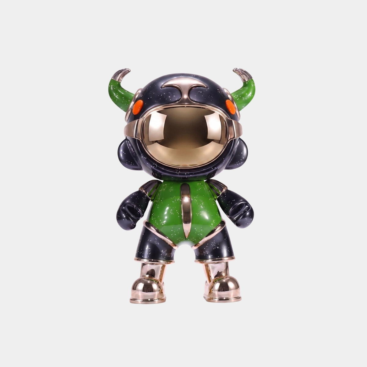 The Green & Black Suit Astro Devil Figure - 31cm by Giant Sculptures features a shiny black helmet with green horns, orange eyes, and gold accents, crafted from eco-friendly resin and shown against a plain white background.