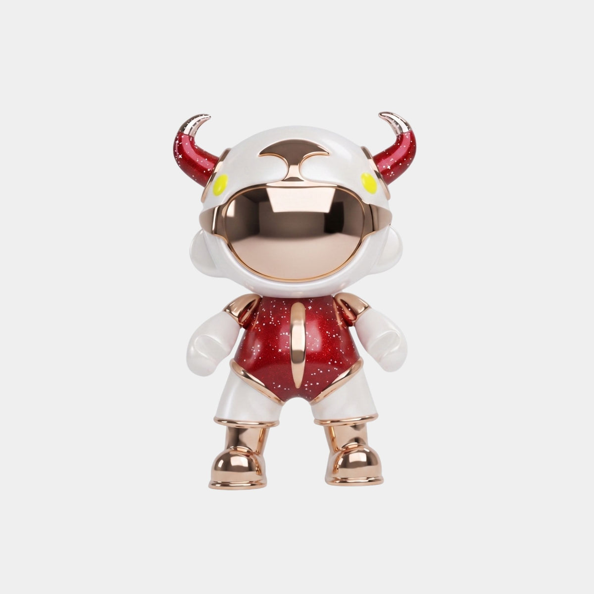 The Giant Sculptures Red & White Suit Astro Devil Figure (31cm) features a mirrored visor, white helmet with red horns, and a metallic red and white suit with gold accents, crafted from eco-friendly resin against a plain white background.