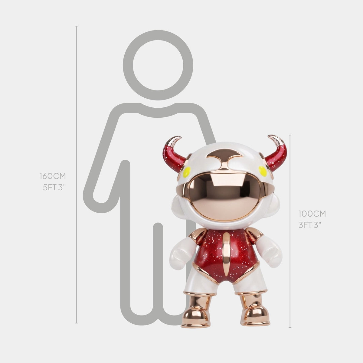The Giant Sculptures Red & White Suit Astro Devil Sculpture stands 100cm (3ft 3in) tall, shown before a gray outline of a 160cm (5ft 3in) person for scale. The fiberglass piece features red horns and gold accents.