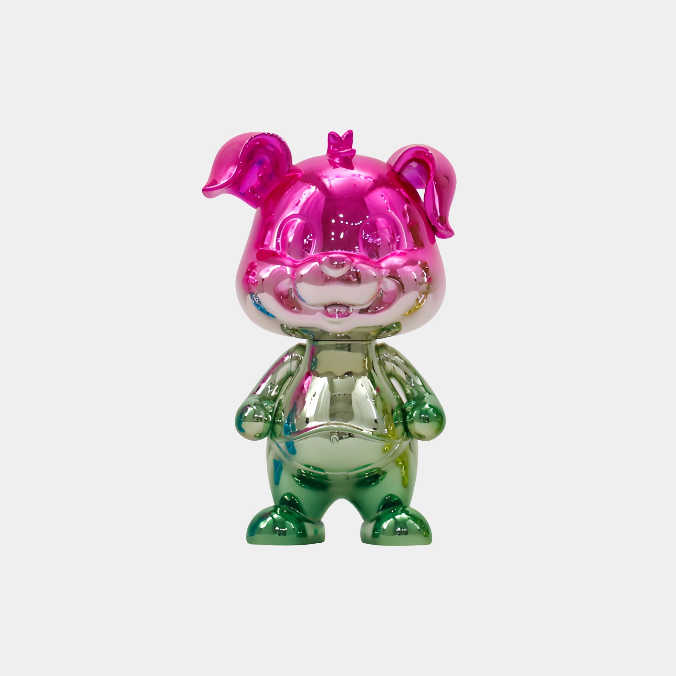 The Giant Sculptures Candy Chrome Pup Figure - 30cm features shiny pink ears and head, a big smile, and a green ombré candy-effect body, shown standing upright against a plain white background.