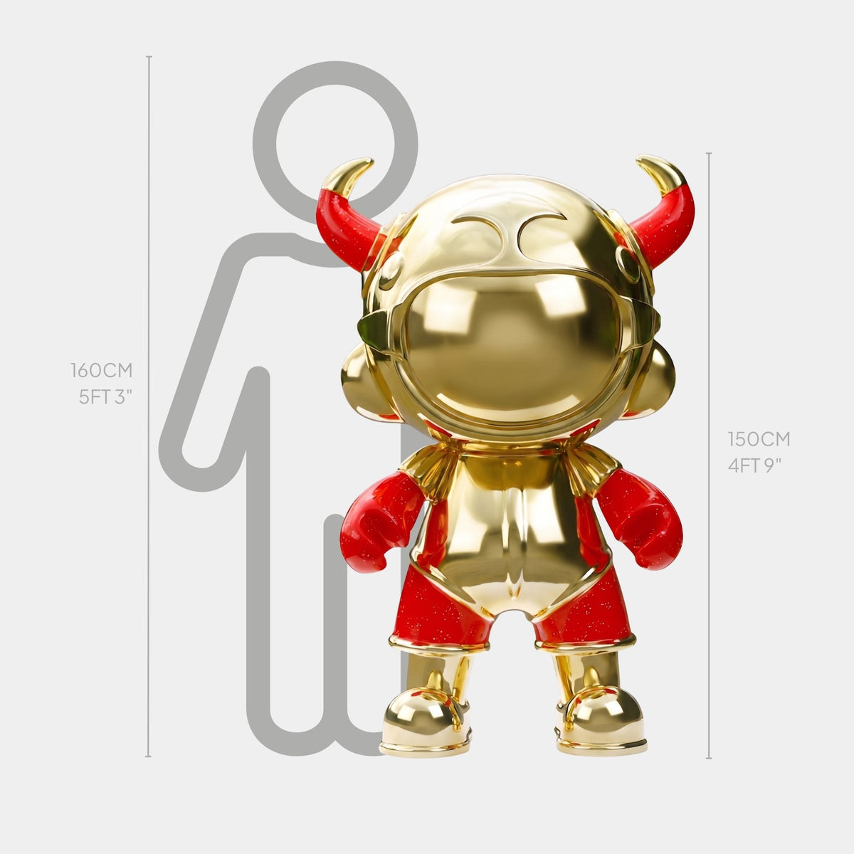 The Giant Sculptures Gold & Red Suit Astro Devil Sculpture - 150cm, made of electroplated fiberglass with red horns, gloves, and shorts, stands before a height chart beside a person's outline for scale.