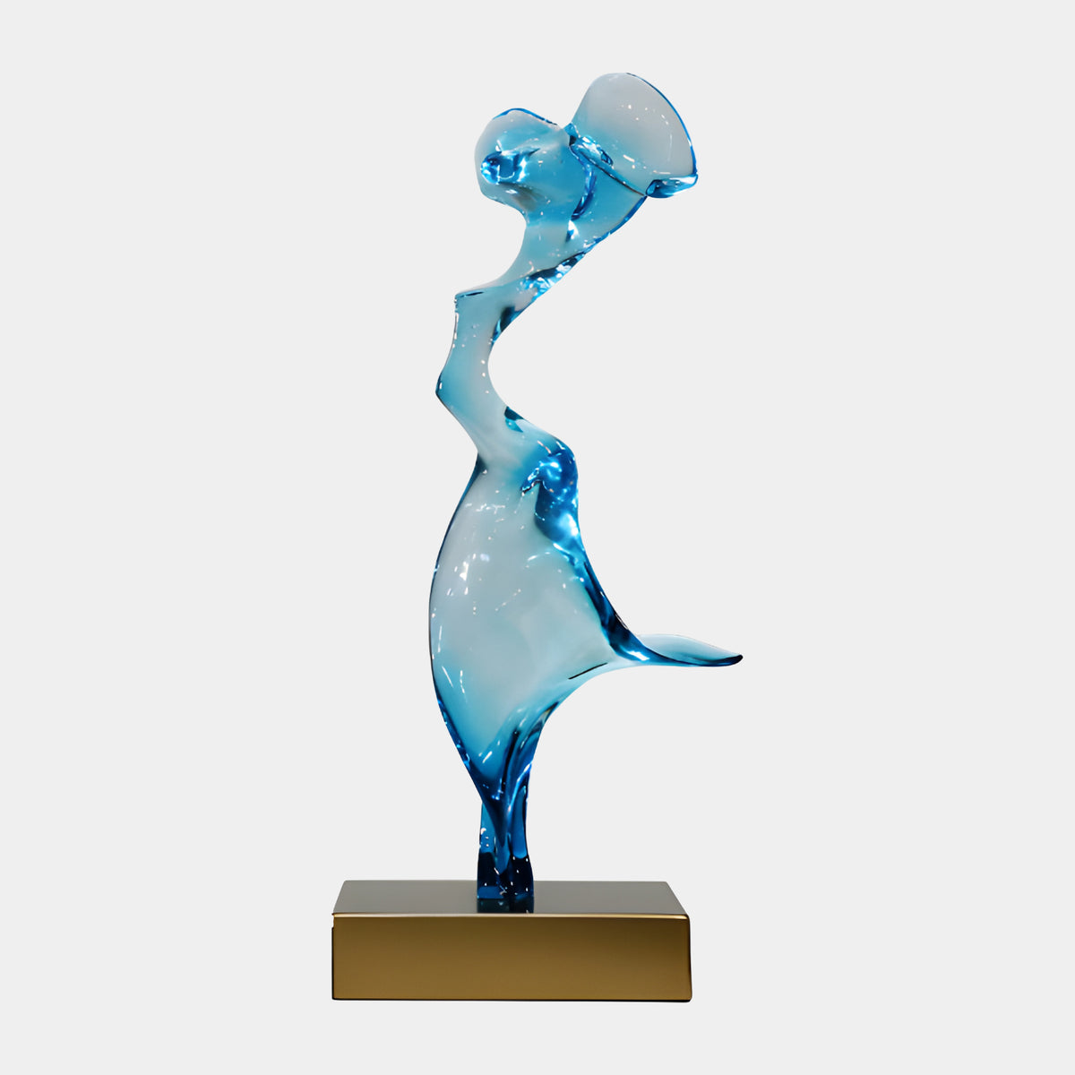 Clear & Blue Windblown Figure Resin Sculpture, 64cm, with blue-edged flared top and streaming skirt on a gold-finished base, shown against a plain white background.