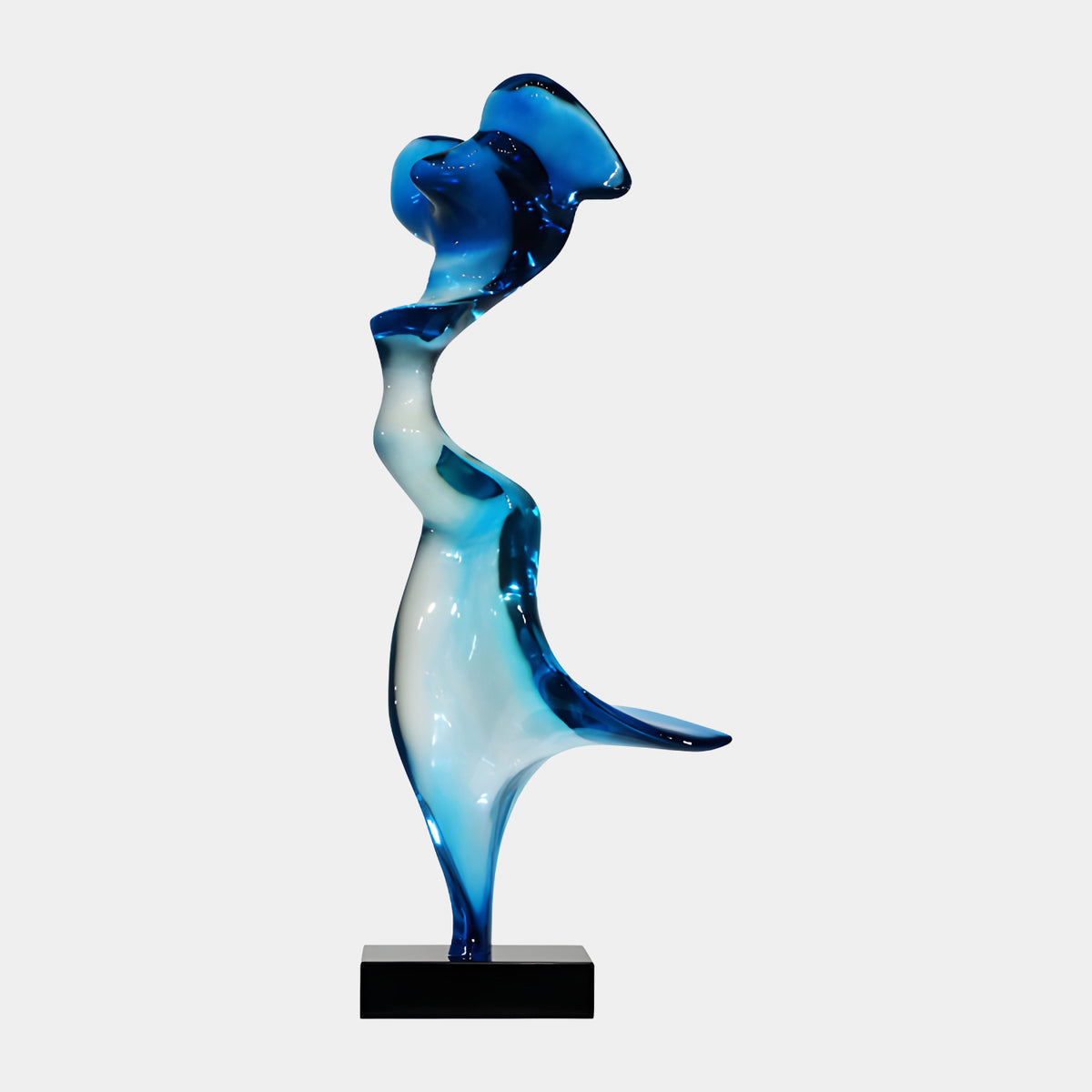 Blue & White Layered Windblown Figure Sculpture (109cm) in resin on a black marble base, side view against a plain light grey background.