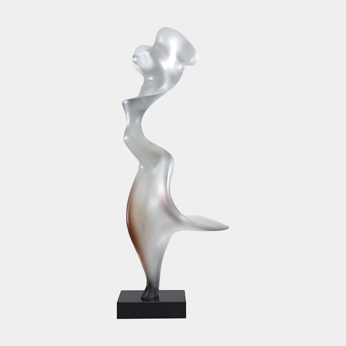 White & Clear Frosted Windblown Figure Sculpture (109cm) with rust tint at the hip, on a black marble base, shown against a plain light grey background.