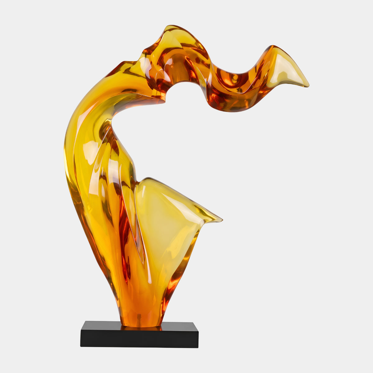 Amber Swept Double Fold Resin Sculpture - 204cm by Giant Sculptures, honey-gold folds rolling upward on a black marble base, shown against a plain white background.