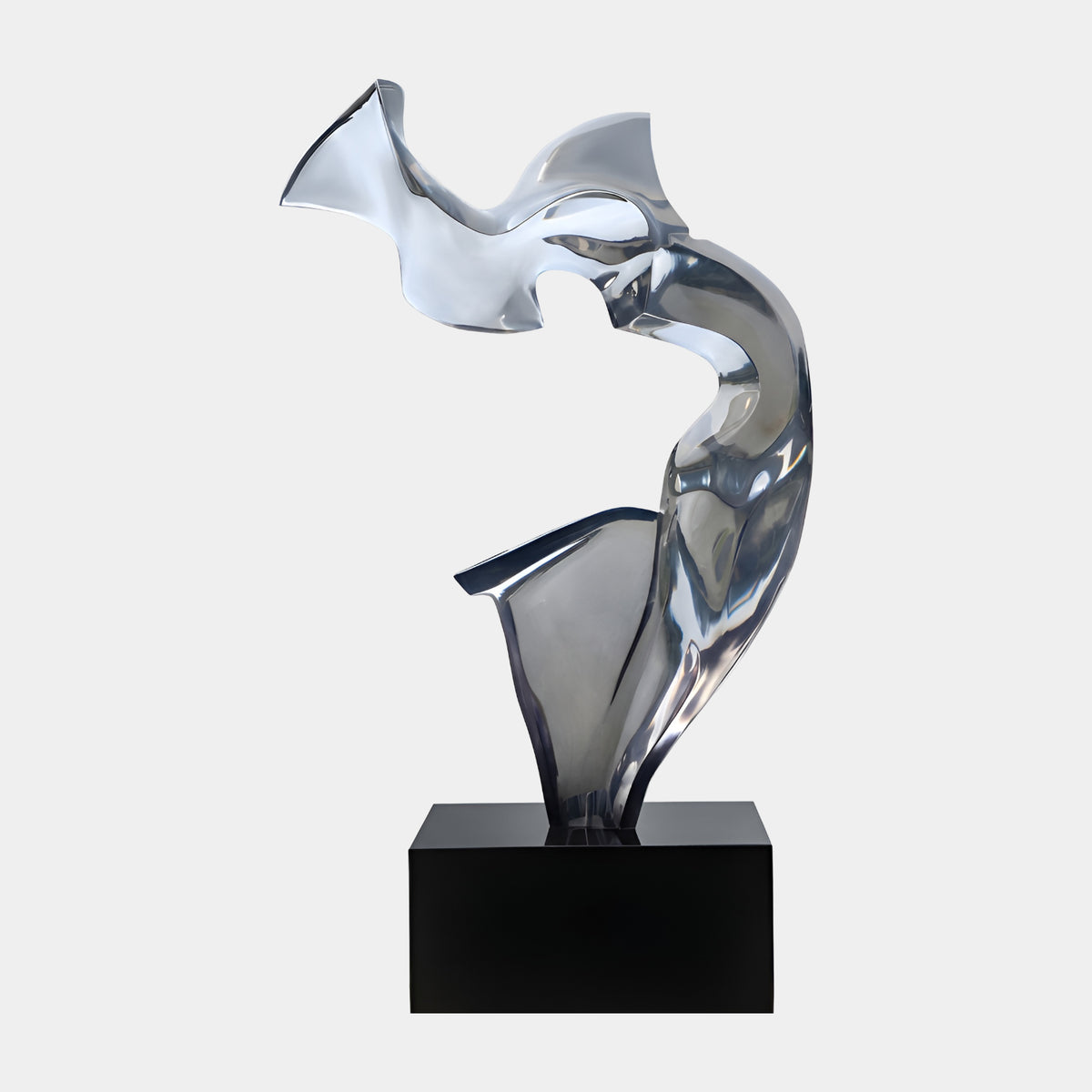 Clear Arched Abstract Resin Sculpture (173cm) by Giant Sculptures, polished chrome-like curved form on a black plinth, set against a plain white background.