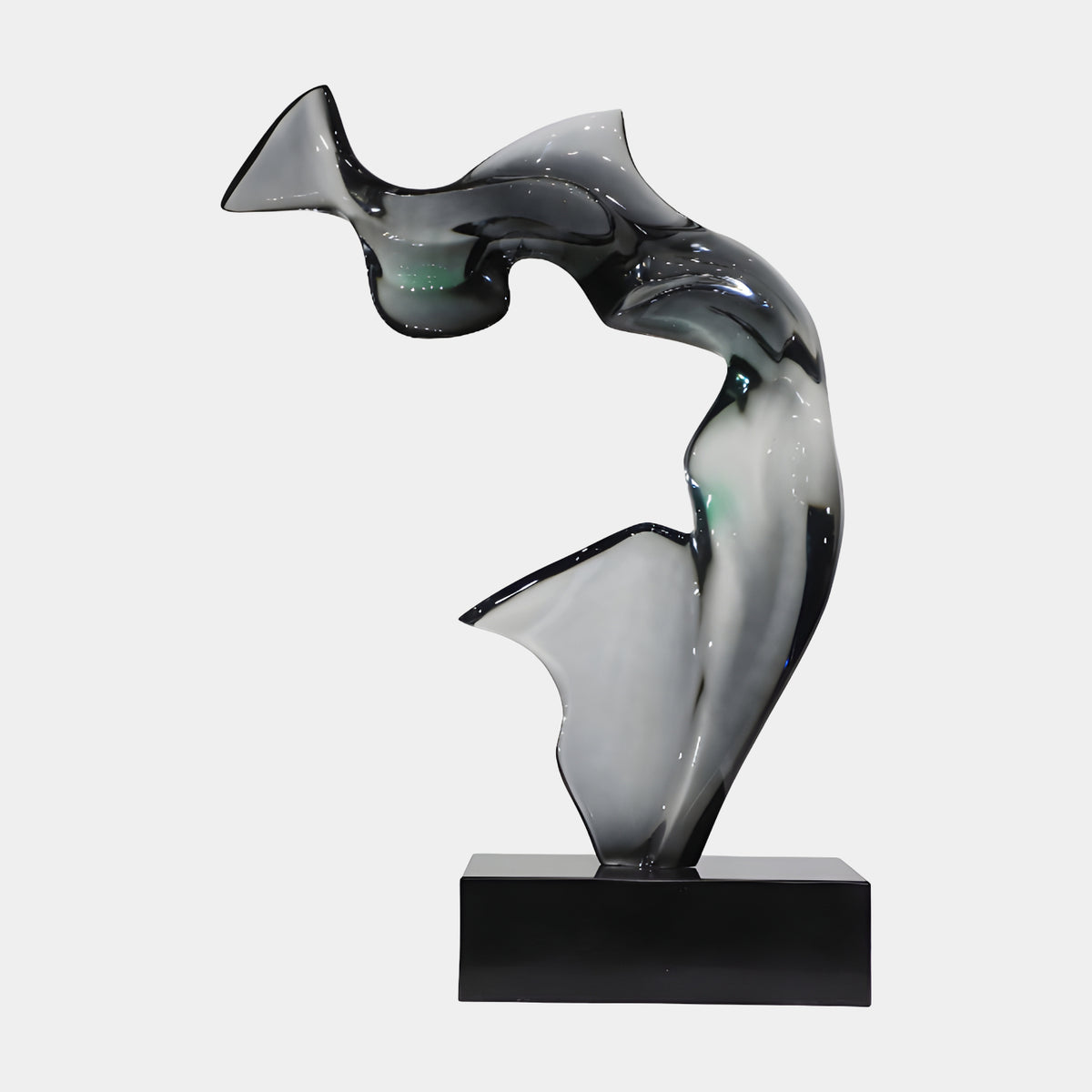 Grey & Green Arched Abstract Resin Sculpture - 97cm on a black marble base, arching form with a flared mouth and fin, set against a plain white background.