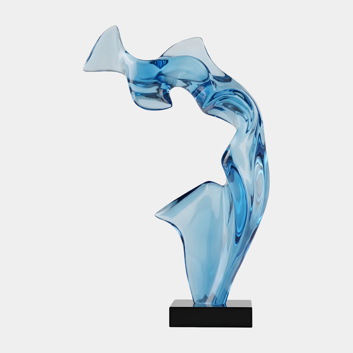 Pale Blue Arched Upright Resin Sculpture - 98cm, a curved translucent form with a flared fin on a black marble base, set against a plain white background.