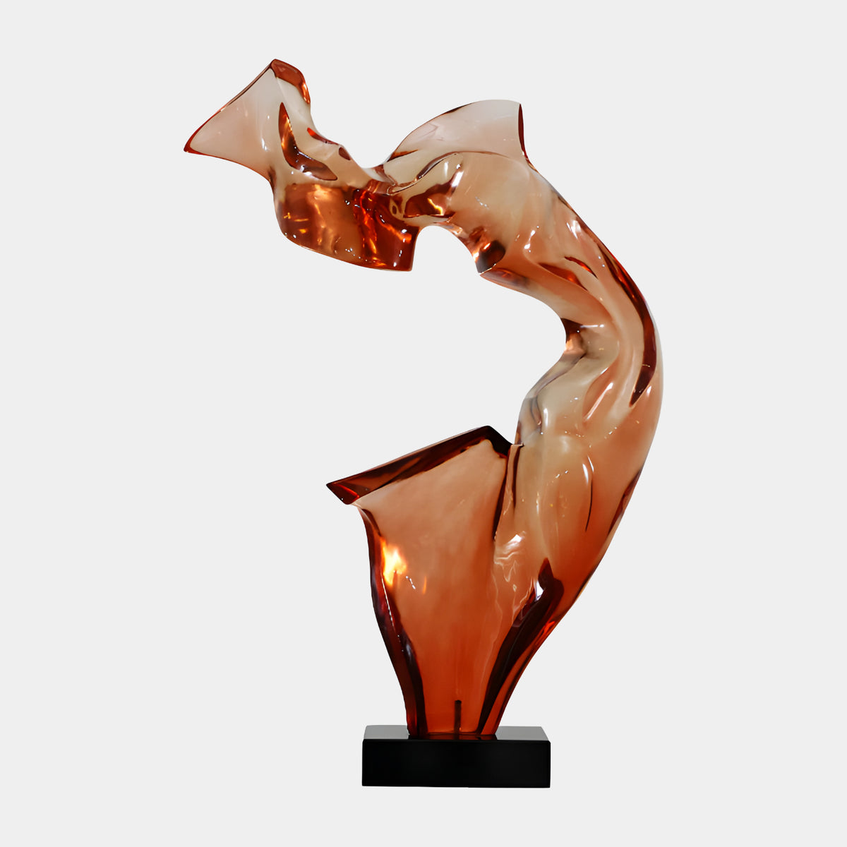 Rose & Copper Windblown Figure Resin Sculpture, 102cm, an abstract windswept form in rose and copper tones on a black stone base, shown against a plain light background.