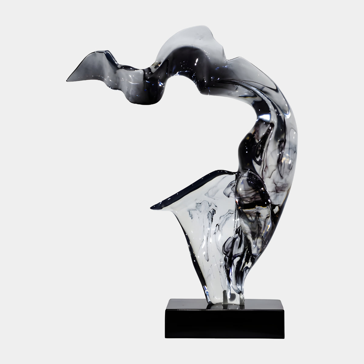 Black & Clear Arched Abstract Resin Sculpture, 71cm, with black smoke swirls curling through clear resin, flared top and fin, on a black marble plinth against a plain background.