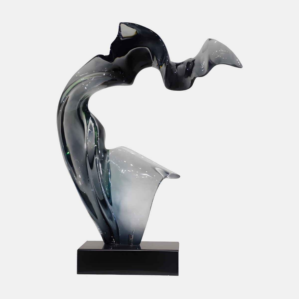 Smoke Black Arched Abstract Resin Sculpture, 71cm, curved wing-like form grading from black at the top to pale grey below, on a black marble base, plain light background.