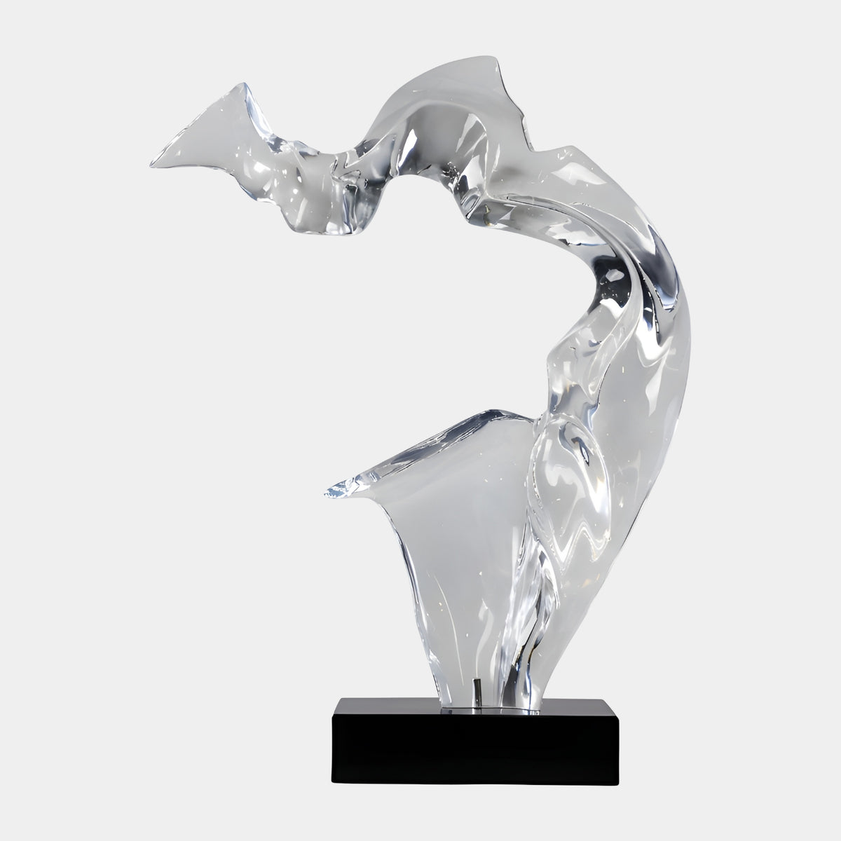 Clear Arched Abstract Resin Sculpture (71cm) by Giant Sculptures, a glossy clear arched form with flared top and splayed foot on a black marble base, shown against a plain white background.
