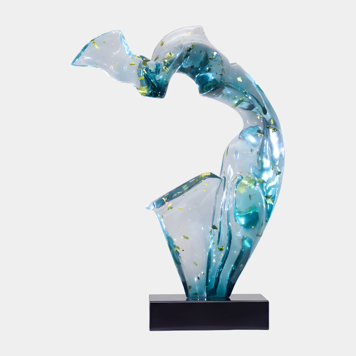 Aqua Flecked Arched Abstract Resin Sculpture - 71cm, a clear aqua arch with gold and green flecks on a black marble base, shown against a plain white background.