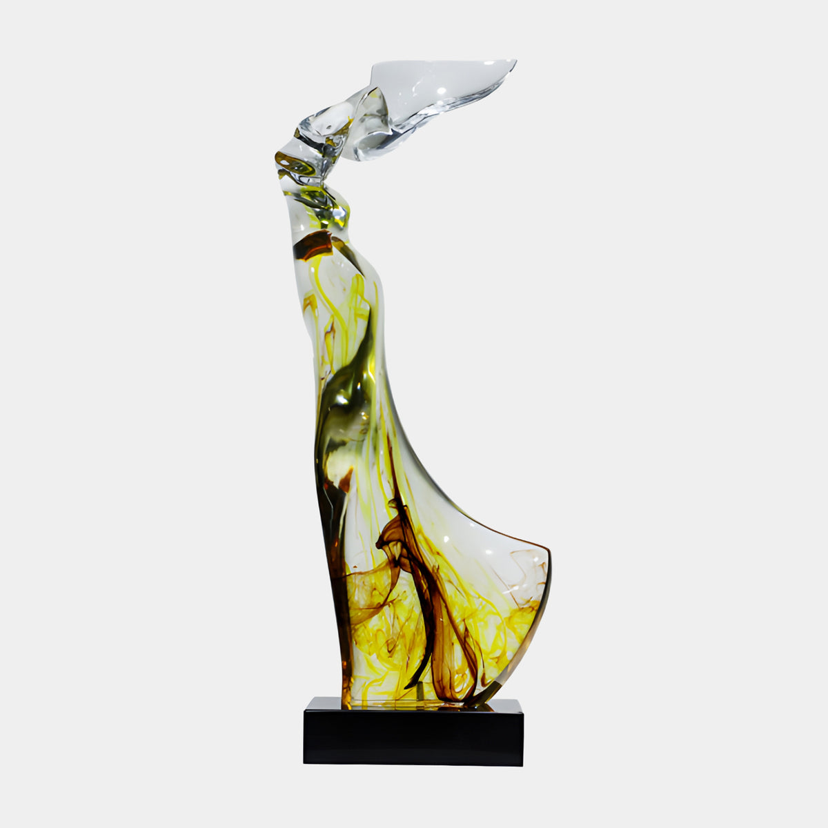 Yellow & Brown Inked Draped Figure Resin Sculpture, 85cm, tall twisting form with yellow and brown ink swirls, clear crown, on black marble base, plain white background.