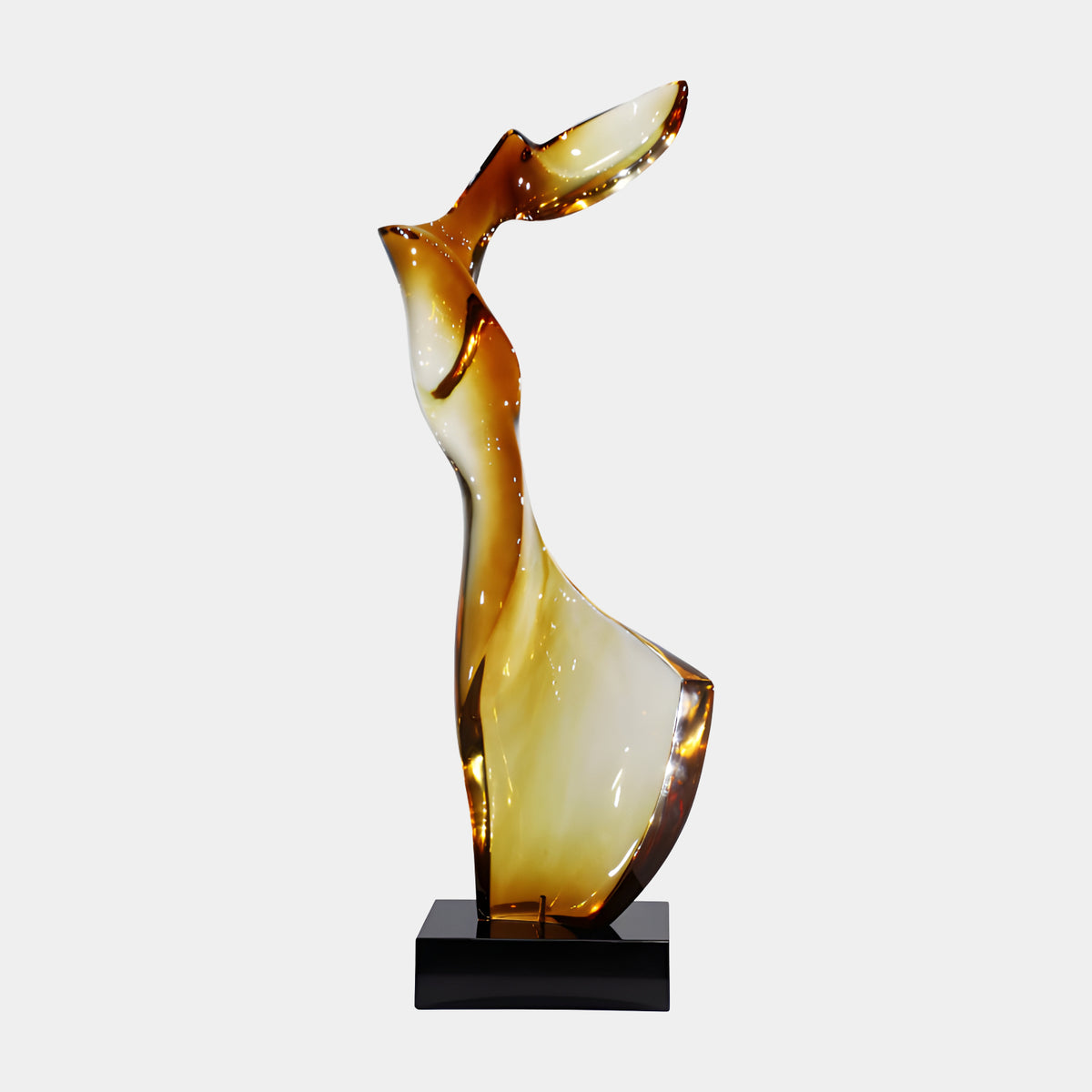 Amber Arched Upright Resin Sculpture (114cm) by Giant Sculptures, curved form in deep orange to honey tones on a black marble base, plain white background.
