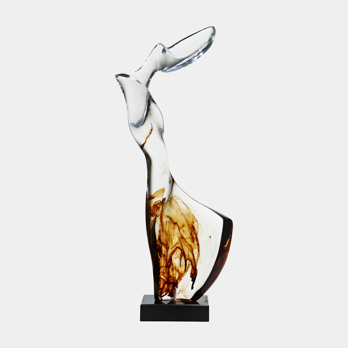 Clear & Brown Inked Arched Upright Resin Sculpture, 114cm, with brown ink swirling through a flared fan base, on a black stand against a plain white background.