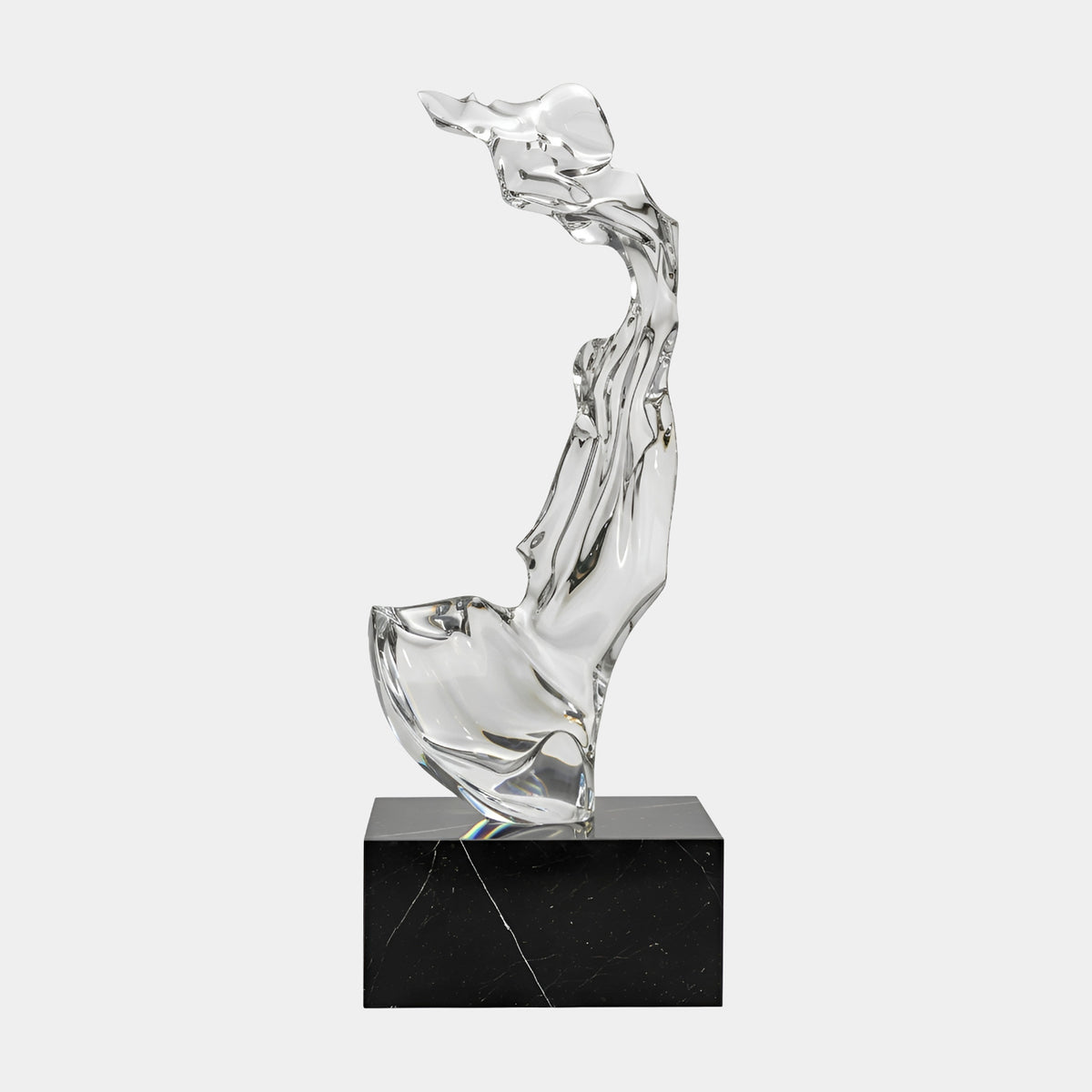 Clear Arched Upright Resin Sculpture - 170cm by Giant Sculptures, a polished colourless resin form arching upward on a splayed foot, set on a black marble base against a plain light background.