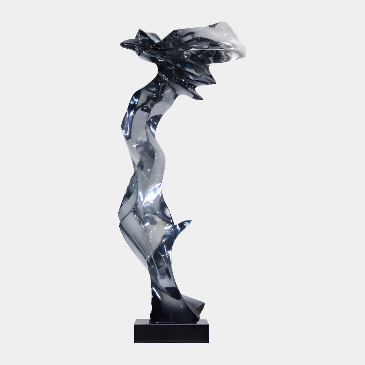 Smoke Grey Windblown Figure Resin Sculpture, 112cm, a twisting abstract form with a flame-like crown on a black marble base, set against a plain light background.